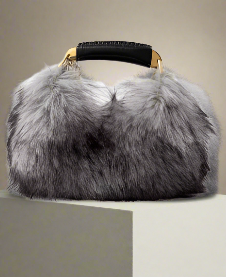 Tom Ford GRAY synthetic fur  LEATHER wrapped handle HANDBAG