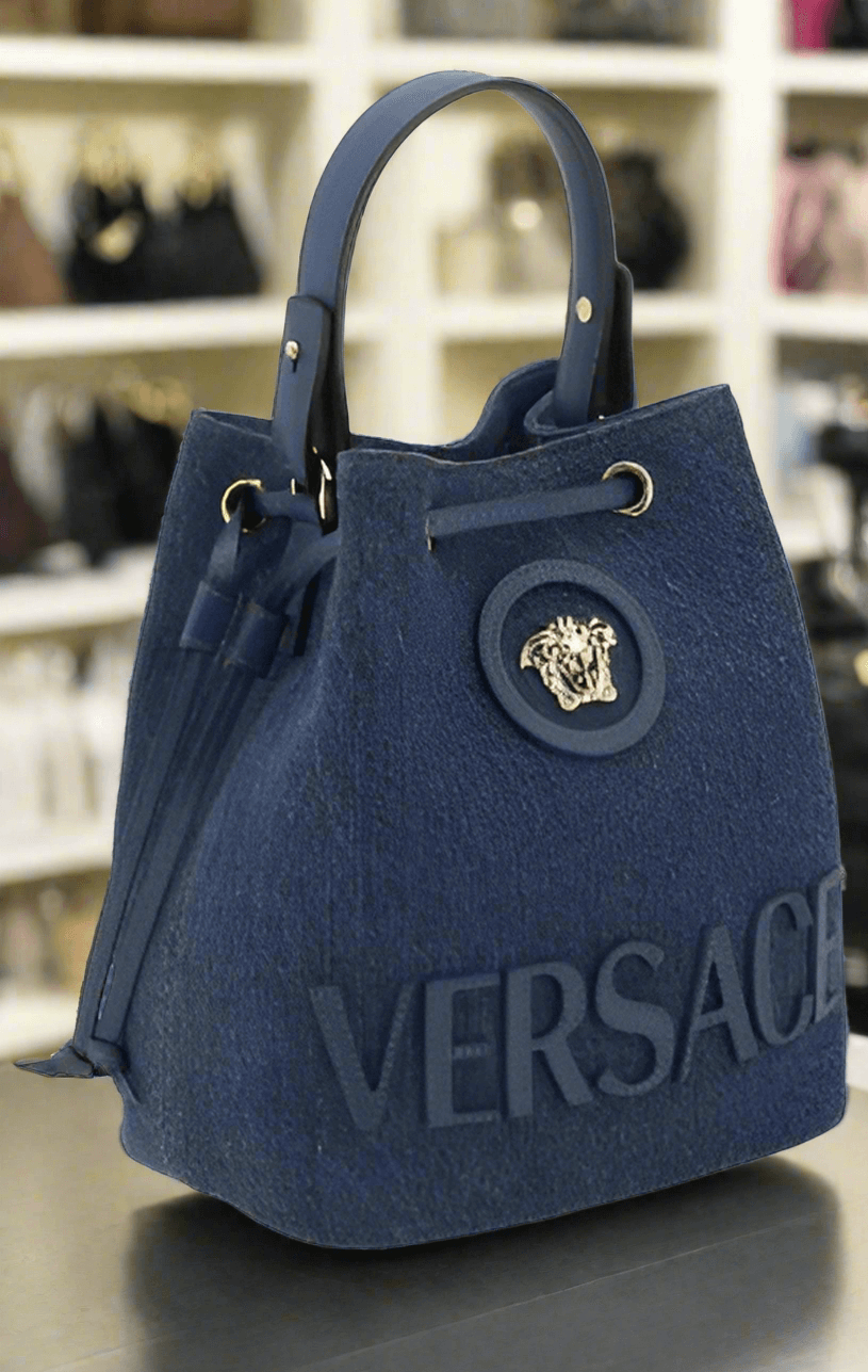 VERSACE MEDUSA SERIES BLUE DENIM BUCKET BAG