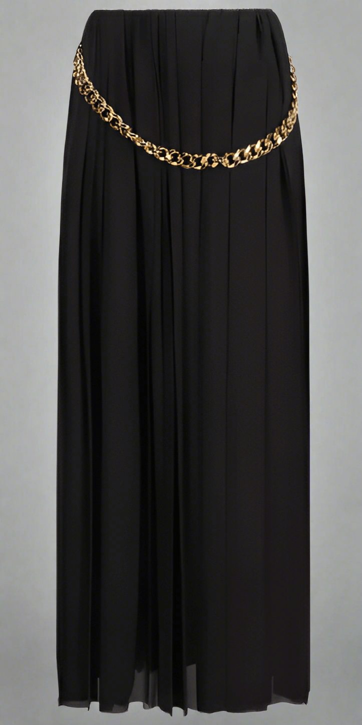 Balenciaga Long Skirt, elastic waistband, foot length, gold chain detail at waist.

