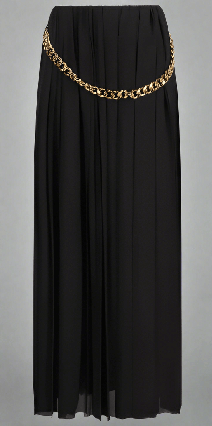 Balenciaga Long Skirt, elastic waistband, foot length, gold chain detail at waist.

