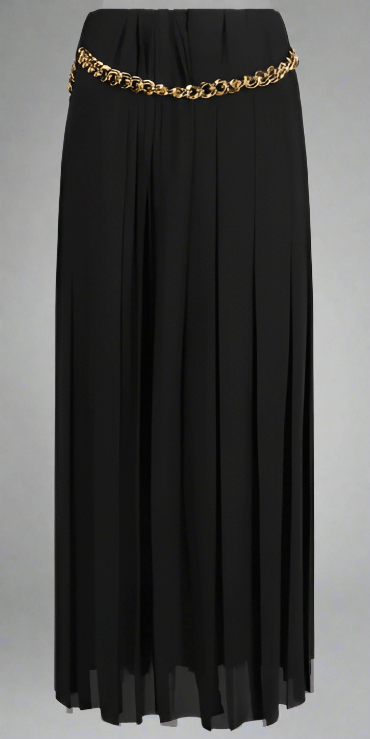 Balenciaga Long Skirt, elastic waistband, foot length, gold chain detail at waist.

