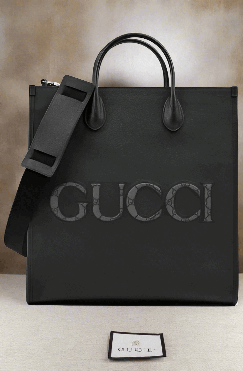 GUCCI Black Leather Logo Medium Tote Bag