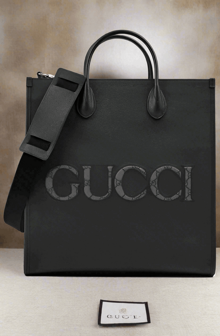 GUCCI Black Leather Logo Medium Tote Bag