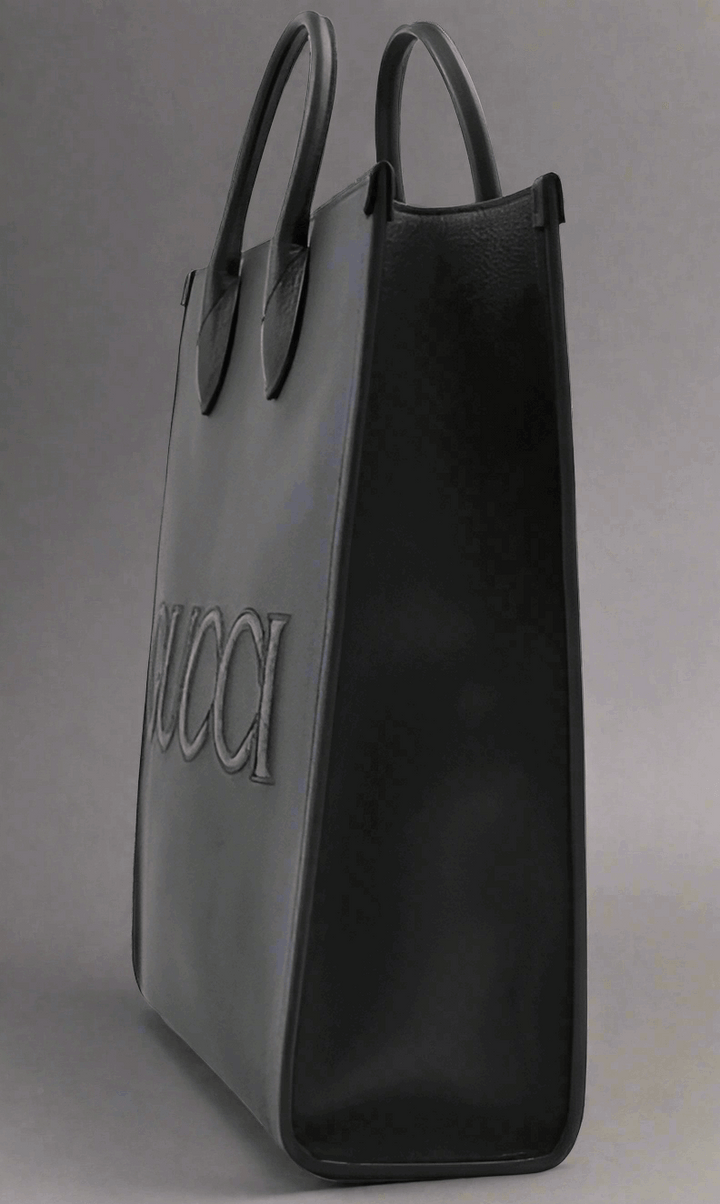 GUCCI Black Leather Logo Medium Tote Bag