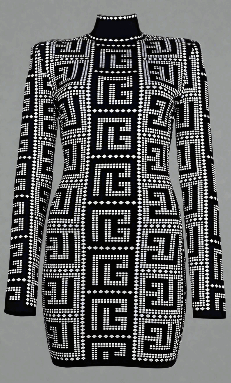 BALMAIN Black Viscose Dress with embossed intricate pattern.