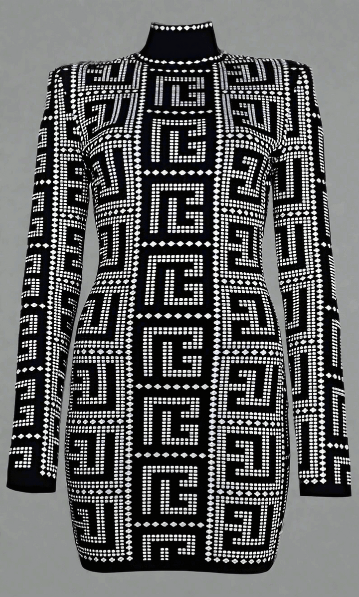 BALMAIN Black Viscose Dress with embossed intricate pattern.