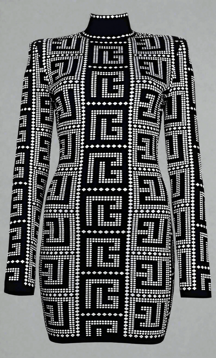 BALMAIN Black Viscose Dress with embossed intricate pattern.
