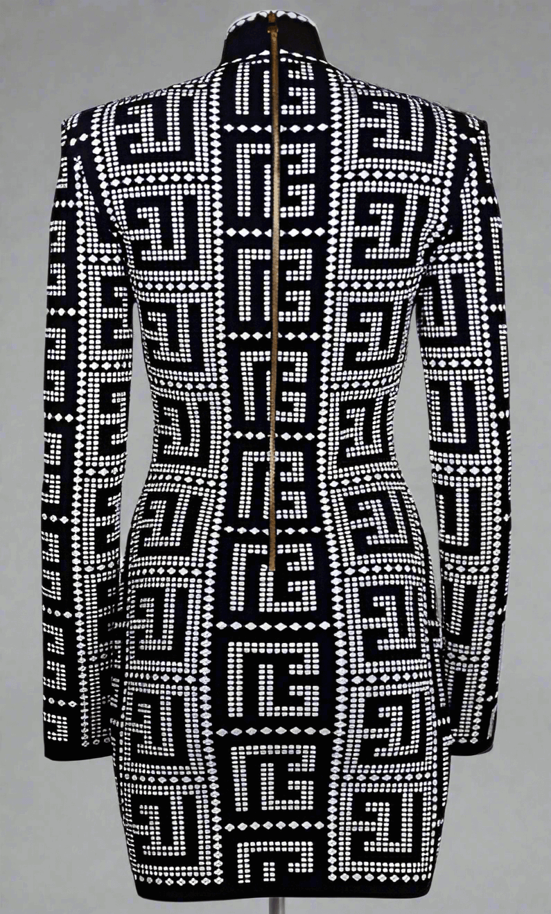 BALMAIN Black Viscose Dress with embossed intricate pattern.