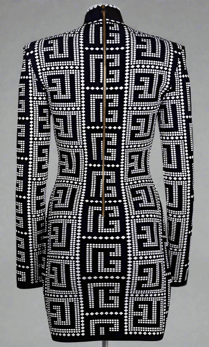BALMAIN Black Viscose Dress with embossed intricate pattern.