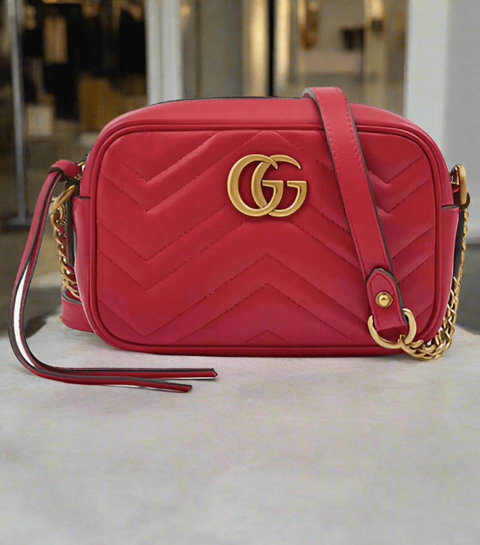 GUCCI Red Leather GG Marmont Camera Bag
