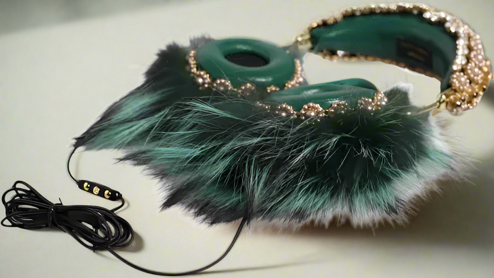Teal feathered headphones with decorative chain on a white background
