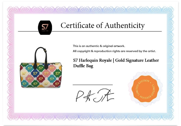 Certificate of Authenticity for the S7 Harlequin Royale Gold Signature Leather Duffle Bag, featuring a colorful patterned bag illustration, artist signature, and an orange limited edition seal on a decorative white border.