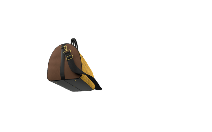 A structured duffel bag with a brown leather upper, a yellow woven side panel, and a black base and shoulder strap, shown on a plain white background.