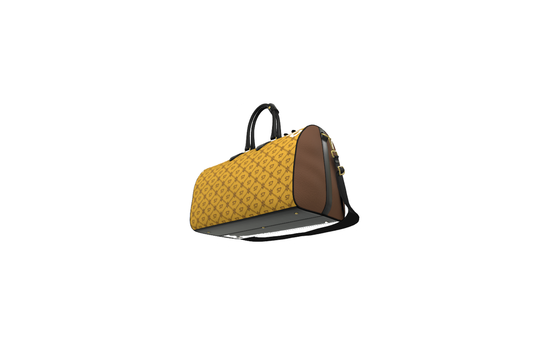A yellow and brown monogram duffel bag with black handles and a black shoulder strap, shown on a plain white background.