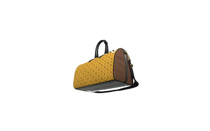 A yellow and brown monogram duffel bag with black handles and a black shoulder strap, shown on a plain white background.