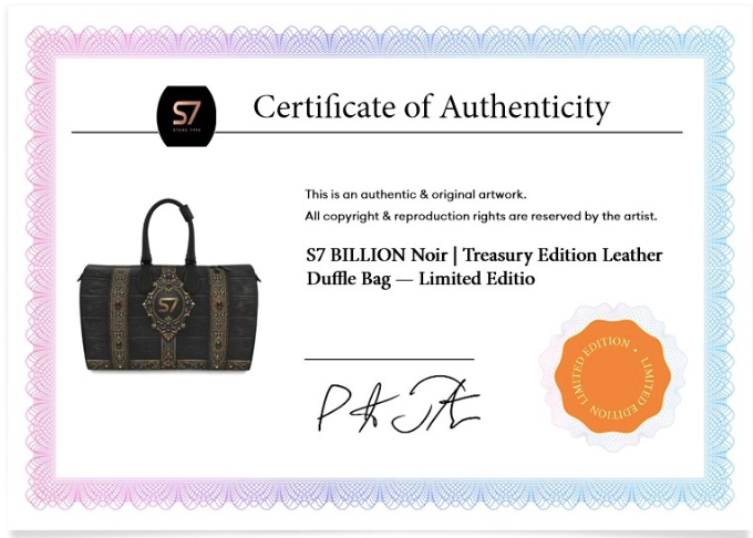 Certificate of Authenticity for the S7 Billion Noir Treasury Edition Leather Duffle Bag, featuring a black leather bag illustration on a white certificate with a pink and blue ornate border, an orange seal, and a signature.
