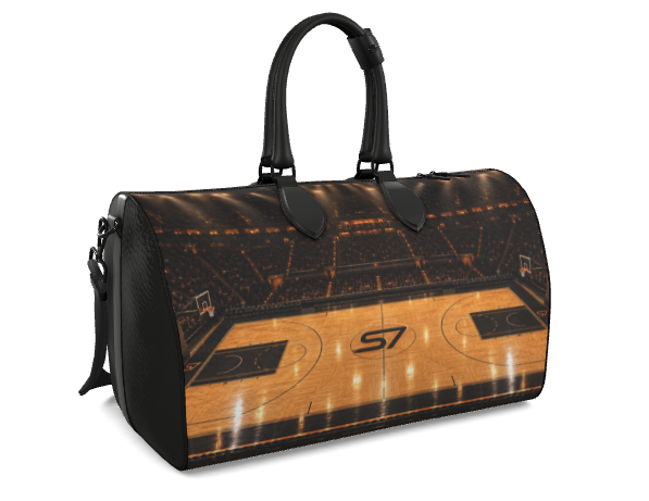 S7 Center Court leather duffle bag featuring a panoramic basketball arena print with golden hardwood flooring and an S7 center-court monogram.