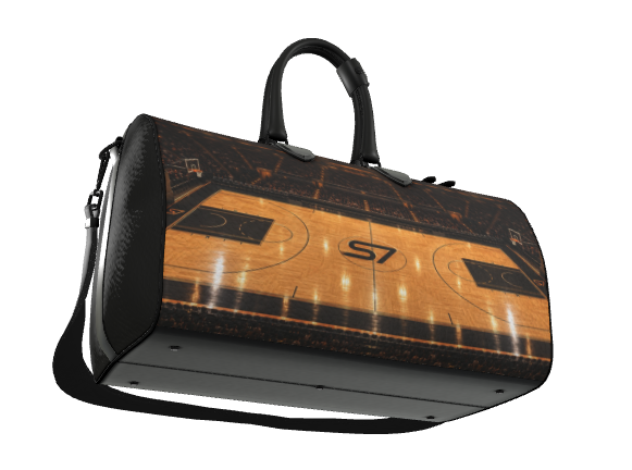 S7 Center Court leather duffle bag featuring a panoramic basketball arena print with golden hardwood flooring and an S7 center-court monogram.