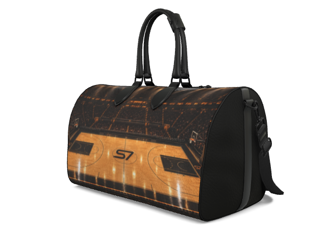 S7 Center Court leather duffle bag featuring a panoramic basketball arena print with golden hardwood flooring and an S7 center-court monogram.