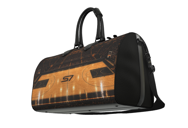 S7 Center Court leather duffle bag featuring a panoramic basketball arena print with golden hardwood flooring and an S7 center-court monogram.
