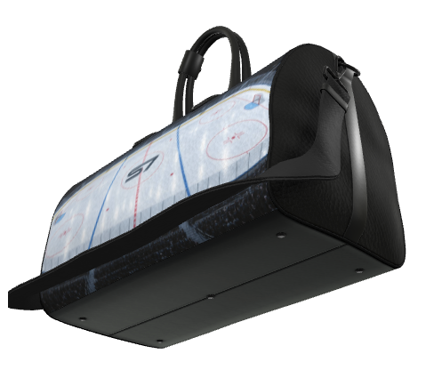 S7 Face Off leather duffle bag featuring illuminated hockey arena artwork with red and blue rink markings and an S7 center-ice monogram.