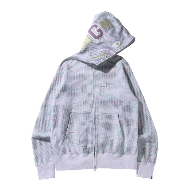 BAPE Text Code Camo Shark Full Zip Hoodie Gray