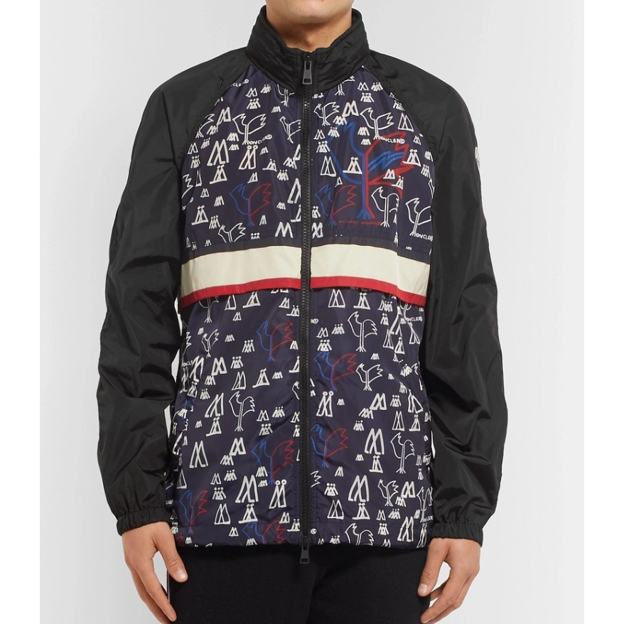 Patterned jacket with a white stripe on a plain background