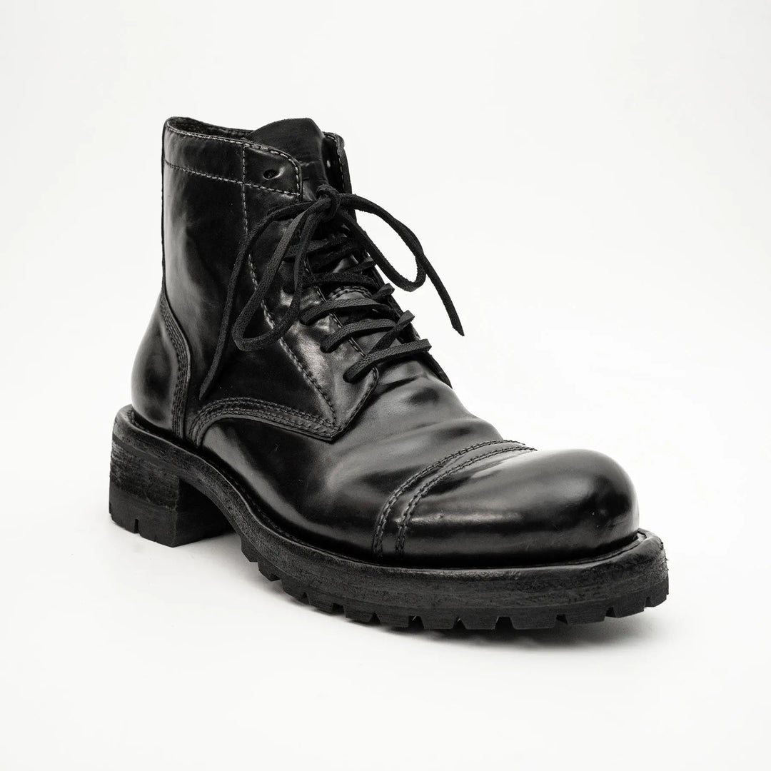 Black Cap-Toe Horse Butt Leather Ankle Boots