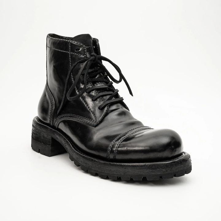 Black Cap-Toe Horse Butt Leather Ankle Boots