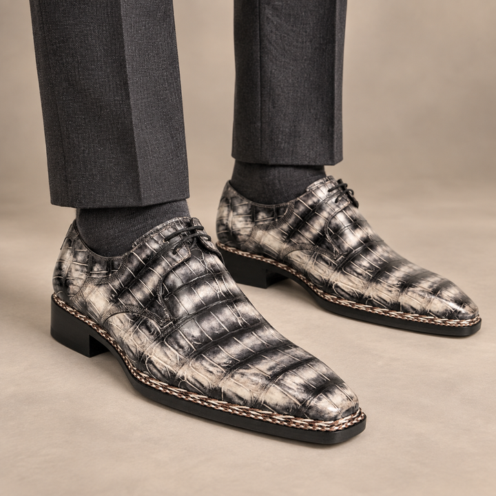 Silver-Black Crocodile Leather Derby Shoes