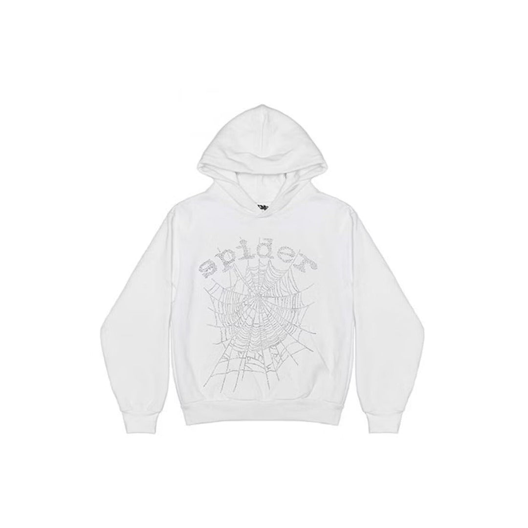 Sp5der OG Rhinestone Logo Hoodie White