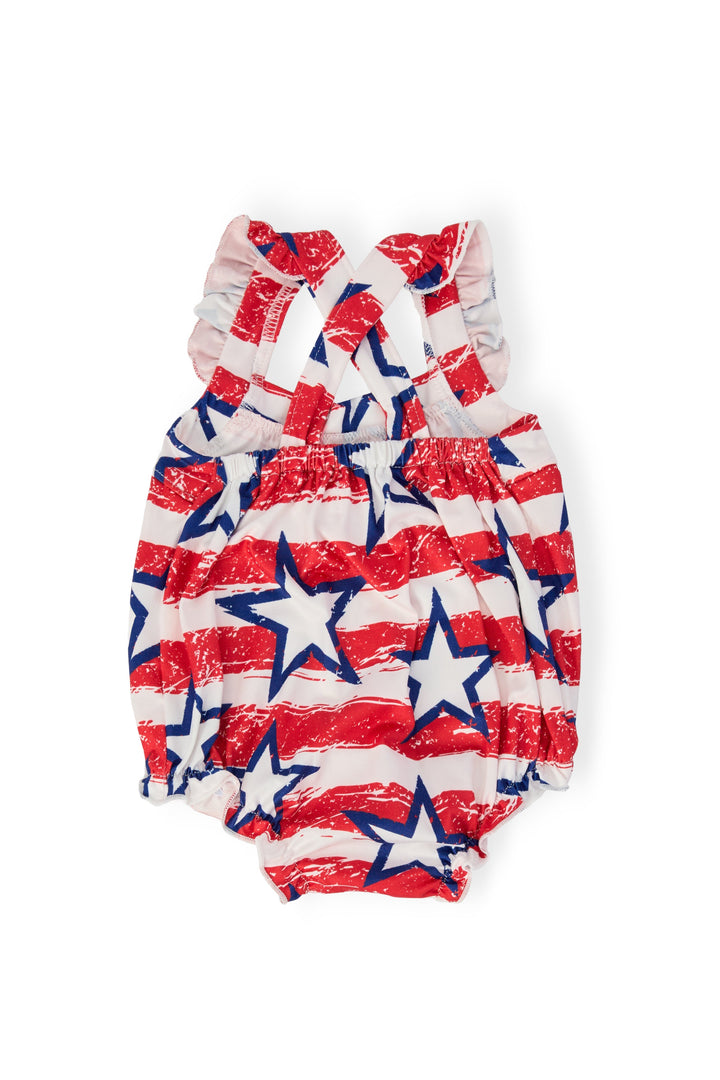 Stars &amp; Stripes Ruffle Cross Back Romper