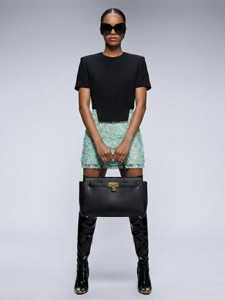 Structured Tweed Mini Skirt with Embroidered Roses &amp; Crystals • BYMANYC ® New York