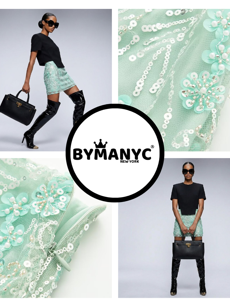 Structured Tweed Mini Skirt with Embroidered Roses &amp; Crystals • BYMANYC ® New York