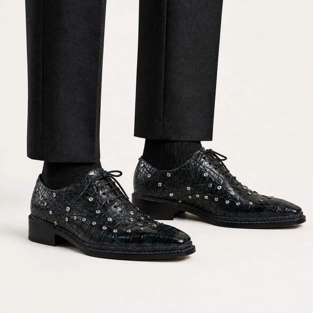 Black Studded Crocodile Leather Oxford Shoes
