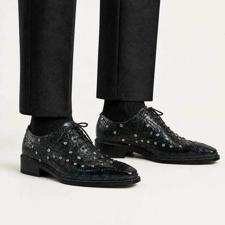 Black Studded Crocodile Leather Oxford Shoes