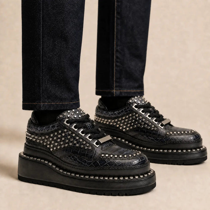 Black Studded Crocodile Leather Platform Sneakers