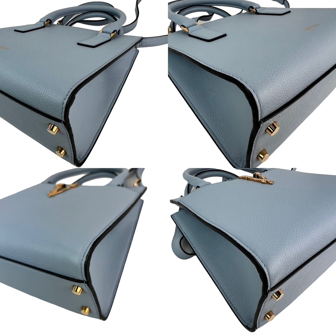 Versace Virtus Top Handle Grained Calfskin Light Blue Tote
