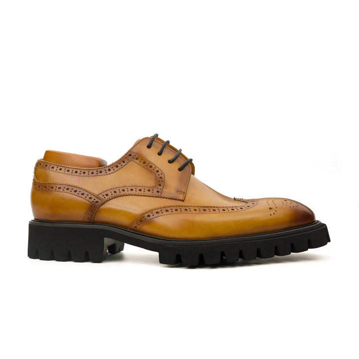 Tan Wingtip Cow Leather Derby Shoes