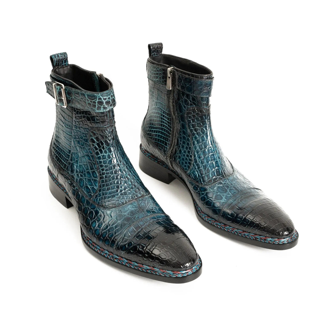 Teal Crocodile Leather Buckle Ankle Boots