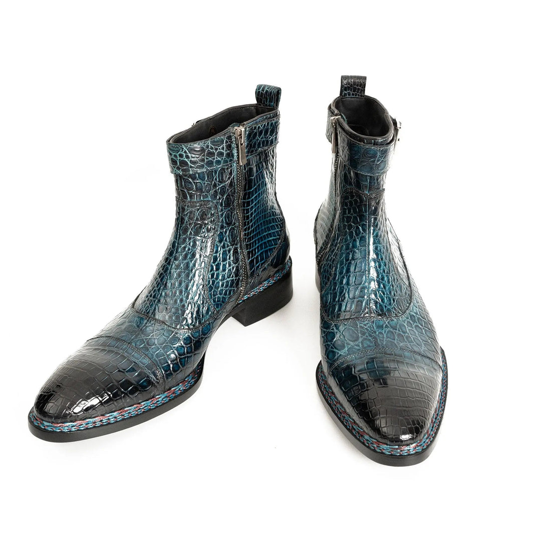 Teal Crocodile Leather Buckle Ankle Boots