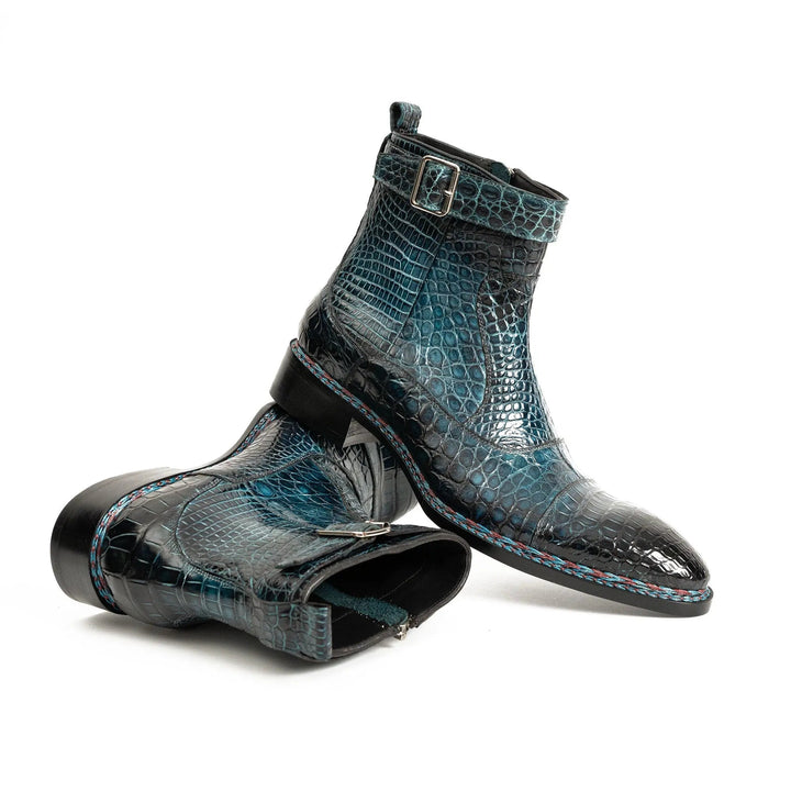 Teal Crocodile Leather Buckle Ankle Boots