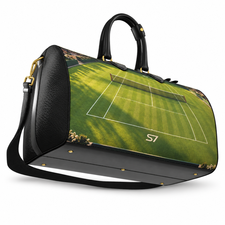S7 Match Point leather duffle featuring green grass tennis court artwork, original S7 monograms, black handles and gold-tone hardware.