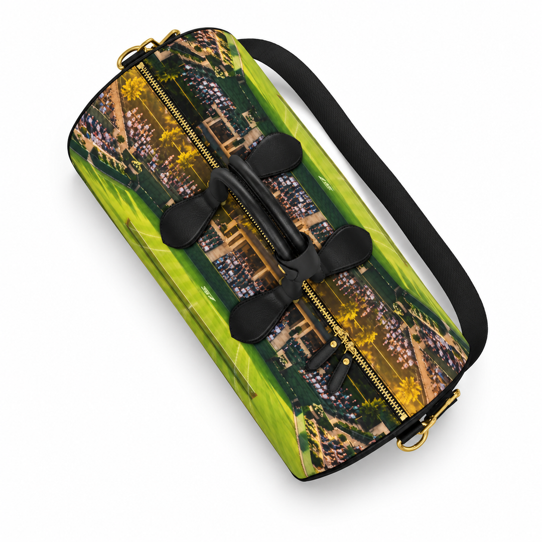 S7 Match Point leather duffle featuring green grass tennis court artwork, original S7 monograms, black handles and gold-tone hardware.