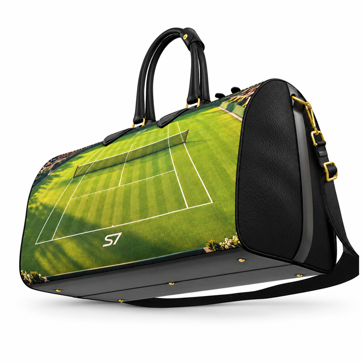 S7 Match Point leather duffle featuring green grass tennis court artwork, original S7 monograms, black handles and gold-tone hardware.
