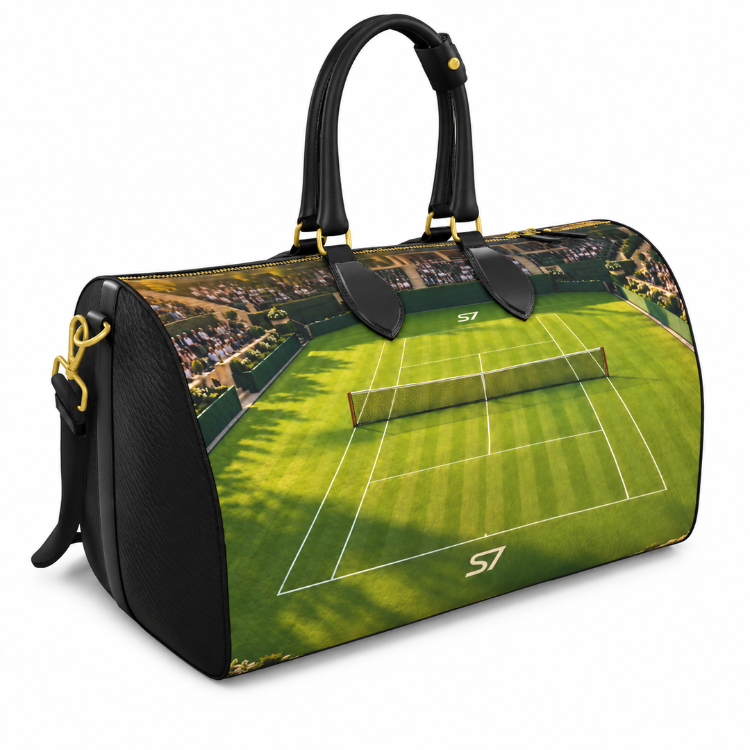 S7 Match Point leather duffle featuring green grass tennis court artwork, original S7 monograms, black handles and gold-tone hardware.
