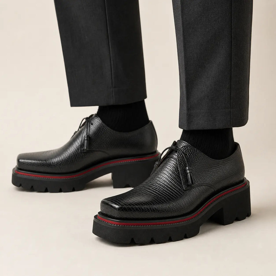 Derby shoes with thick soles, snake pattern embossing and tassels