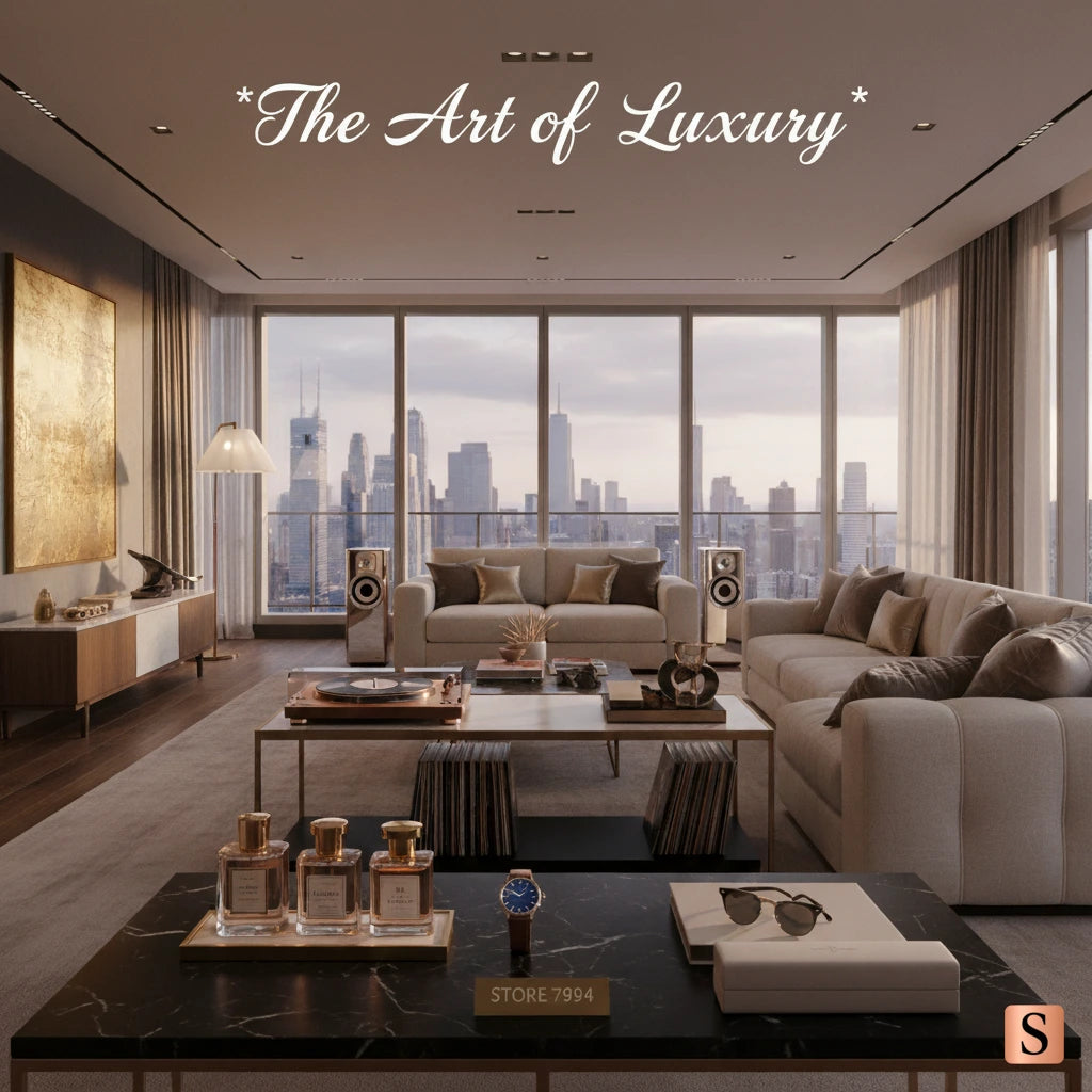 Modern living room with cityscape view, featuring luxury decor items.