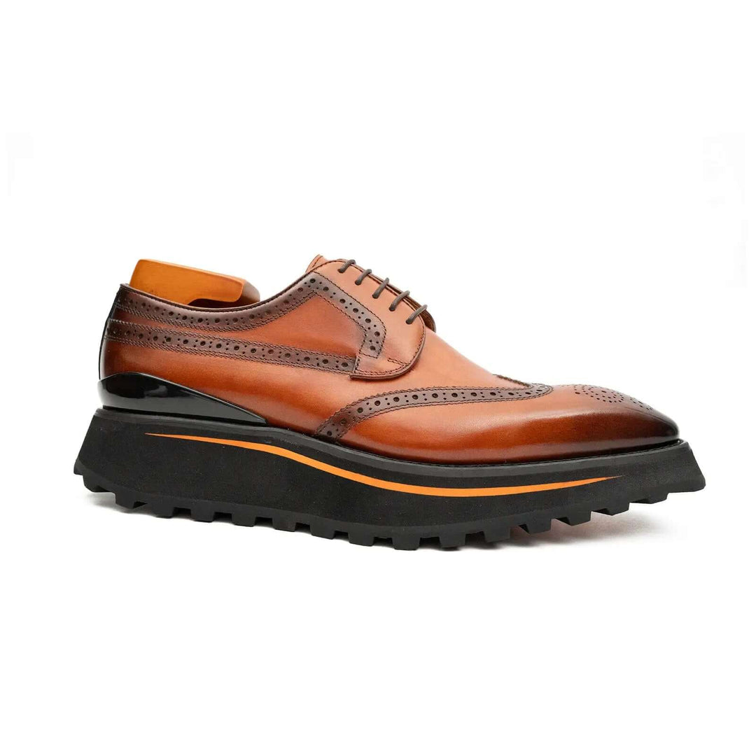 Thick-soled calfskin formal brogue derby shoes Brown by DV DIVINCH side view highlighting brogue detailing and lug sole.
