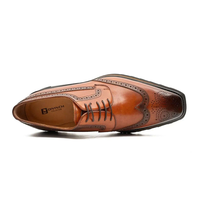 Thick-soled calfskin formal brogue derby shoes Brown, top view showing brogue detailing and leather finish, DV DIVINCH.